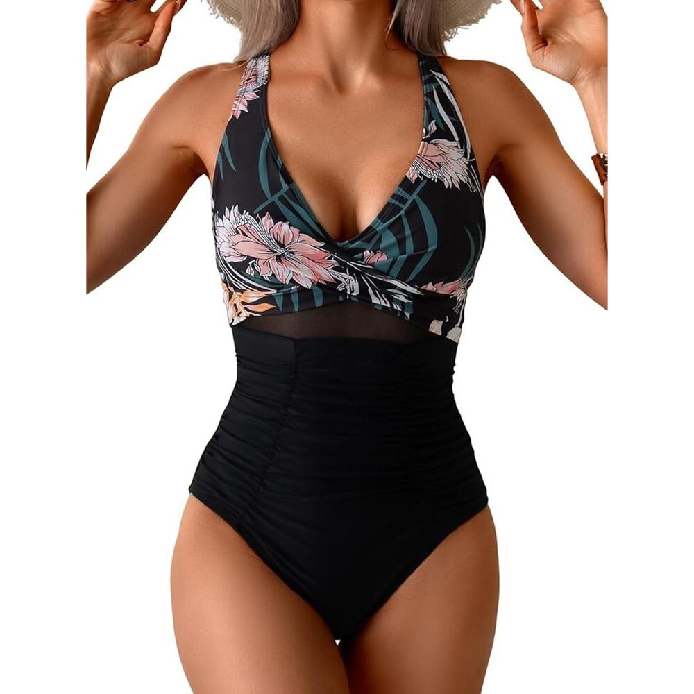 Eomenie Swimsuit Womens Medium One Piece Tummy Control Cross Back Floral Swim - Picture 1 of 4